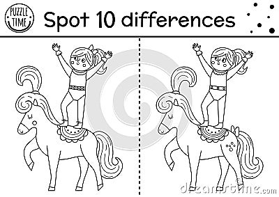 Circus black and white find differences game for kids. Educational line activity with gymnast girl on hoop. Amusement show puzzle Vector Illustration