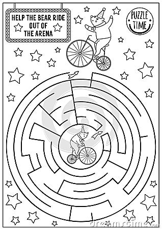 Circus black and white maze for kids with bear on bicycle. Amusement show preschool line printable activity with cute animal Vector Illustration