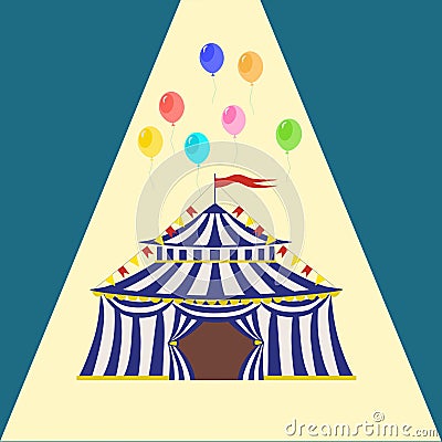 Circus blue- white, striped tent with a flag on the tops of the dome for carnival Vector Illustration