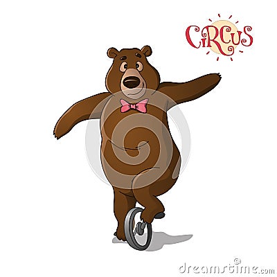 A circus brown bear riding a unicycle. Vector Illustration