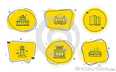 Circus, Buildings and Shop icons set. Lighthouse, Sports arena and Arena stadium signs. Vector Vector Illustration