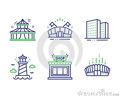 Circus, Buildings and Shop icons set. Lighthouse, Sports arena and Arena stadium signs. Vector Vector Illustration