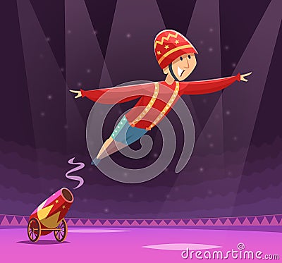 Circus cannon show. Shooting gun on cirque arena performer clowns on stage vector cartoon background Vector Illustration