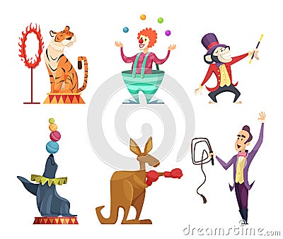 Circus cartoon characters. Vector mascots isolate on white Vector Illustration