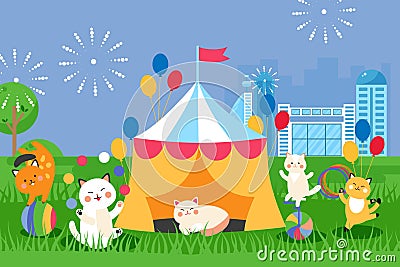 Circus cats in marquee tent, cute animals cartoon characters, vector illustration Vector Illustration