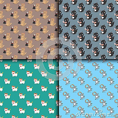 Circus cats seamless pattern vector cheerful illustration little domestic cartoon animals playing mammal Vector Illustration