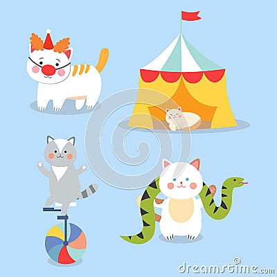 Circus cats vector cheerful illustration for kids with little domestic cartoon animals playing mammal Vector Illustration