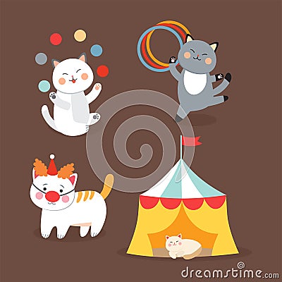 Circus cats vector cheerful illustration for kids with little domestic cartoon animals playing mammal Vector Illustration