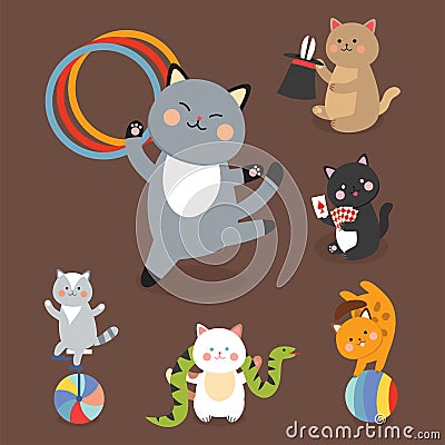 Circus cats vector cheerful illustration for kids with little domestic cartoon animals playing mammal Vector Illustration