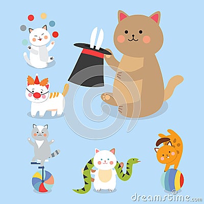 Circus cats vector cheerful illustration for kids with little domestic cartoon animals playing mammal Vector Illustration