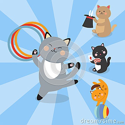 Circus cats vector cheerful illustration for kids with little domestic cartoon animals playing mammal Vector Illustration