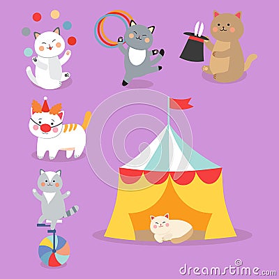 Circus cats vector cheerful illustration for kids with little domestic cartoon animals playing mammal Vector Illustration