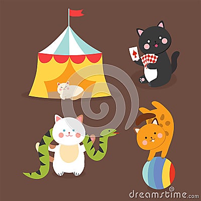 Circus cats vector cheerful illustration for kids with little domestic cartoon animals playing mammal Vector Illustration