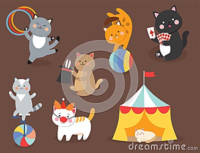 Circus cats vector cheerful illustration for kids with little domestic cartoon animals playing mammal Vector Illustration