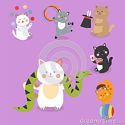 Circus cats vector cheerful illustration for kids with little domestic cartoon animals playing mammal Vector Illustration