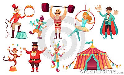 Circus characters. Juggling animals, juggler artist clown and strongman performer. Cartoon vector illustration set Vector Illustration