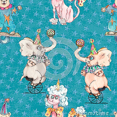 Circus characters vintage watercolor drawing seamless pattern illustration Cartoon Illustration