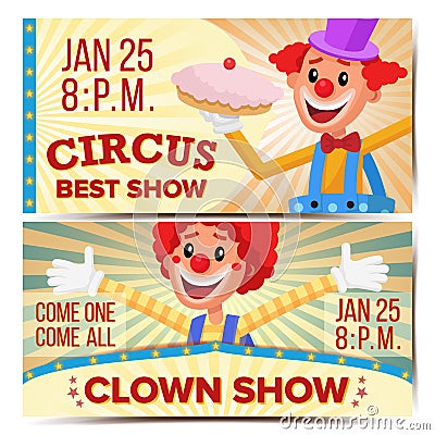 Circus Clown Horizontal Banners Template Vector. Great Circus Show Concept. Amusement Park Party. Carnival Festival Vector Illustration