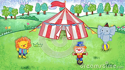 Circus clowns walking on ball riding unicycle oil pastel crayon doodle hand-drawn illustration Cartoon Illustration