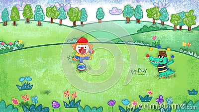 Circus clowns walking on ball throwing ball juggling oil pastel crayon doodle hand-drawn illustration Cartoon Illustration