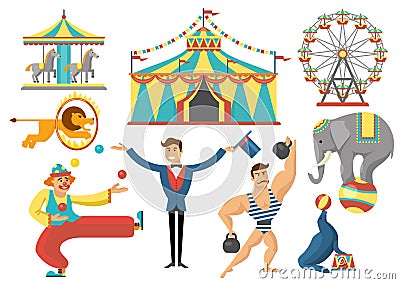 Circus Decorative Flat Icons Set Vector Illustration