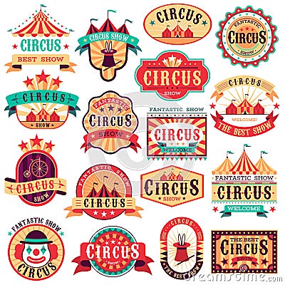 Circus emblems. Carnival festival, fun circus show retro paper signboard invitational banners event frames arrow Vector Illustration