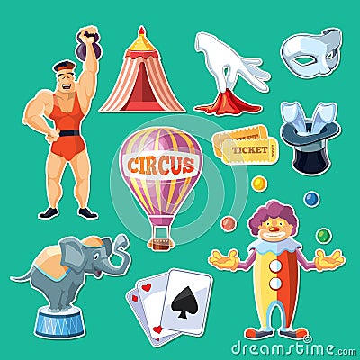 Circus entertainment icons set. Flat style design. Vector illustration. Vector Illustration