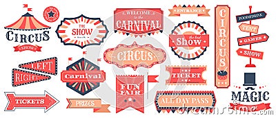 Circus event labels. Carnival magic show elements, vintage fair frames and circus signs, retro festival templates vector Vector Illustration