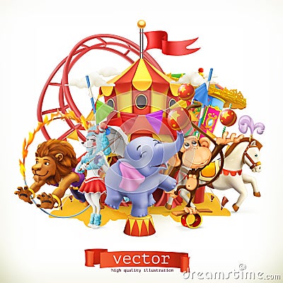 Circus, funny animals. 3d vector Vector Illustration