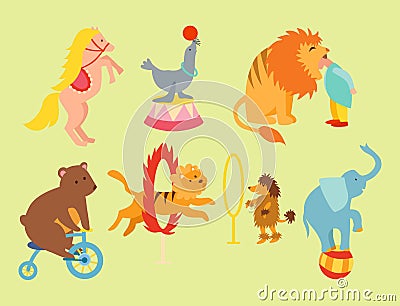 Circus funny animals set of vector icons cheerful zoo entertainment Vector Illustration