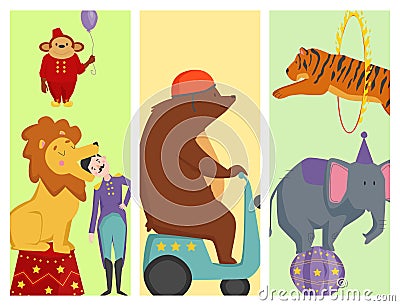Circus funny animals vector cheerful cards design zoo entertainment magician performer carnival illustration Vector Illustration