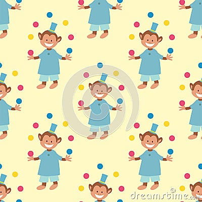 Circus funny performance monkey animal vector seamless pattern cheerful zoo entertainment juggler magician performer Vector Illustration