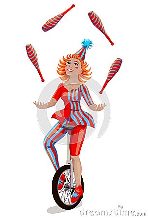 Circus girl juggler on a unicycle Vector Illustration