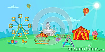 Circus horizontal banner landscape, cartoon style Vector Illustration