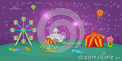 Circus horizontal banner starry sky, cartoon style Vector Illustration