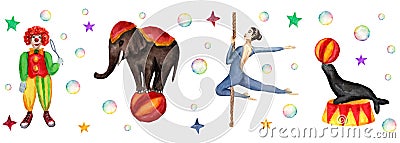 Circus horizontal pattern, elephant, clown, seal and acrobat. Watercolor illustration on white Cartoon Illustration