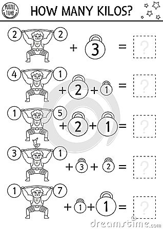 Circus how many kilos black and white game with funny athlete, weight, dumbbells. Amusement show line math addition activity for Vector Illustration