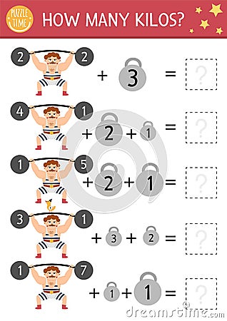 Circus how many kilos game with funny athlete, weight, dumbbells. Amusement show math addition activity for preschool children. Vector Illustration