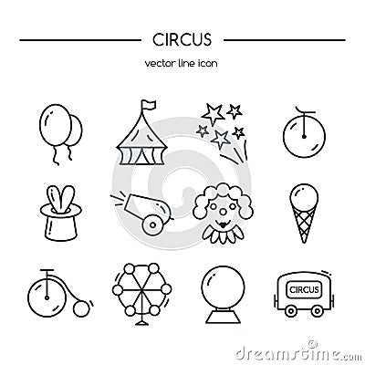 Circus icons line set. Cartoon Illustration