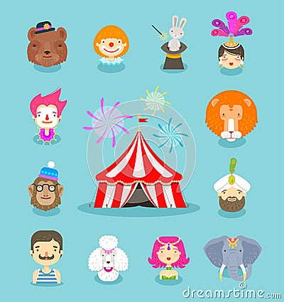 Circus icons set. Collection of elements of clown Vector Illustration