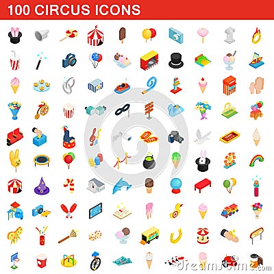 100 circus icons set, isometric 3d style Vector Illustration