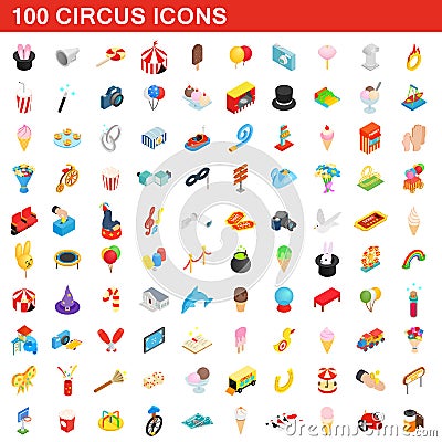 100 circus icons set, isometric 3d style Cartoon Illustration