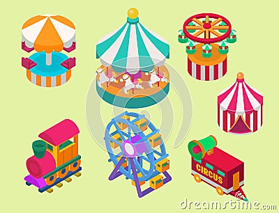 Circus isometric show entertainment tent marquee outdoor festival with stripes and flags carnival signs Vector Illustration