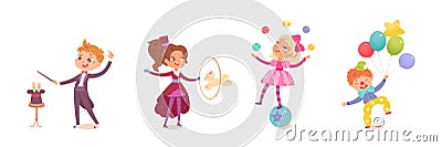 Circus kid character, boy girl child performing show set, juggler acrobat clown magician Vector Illustration