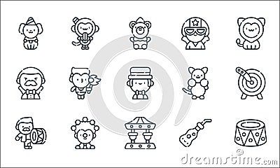 Circus line icons. linear set. quality vector line set such as platform, carousel, drum, soda, juggling, magician, kangaroo, human Vector Illustration