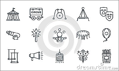circus line icons. linear set. quality vector line set such as french fries, microphone, trapeze, fireworks, megaphone, human Vector Illustration