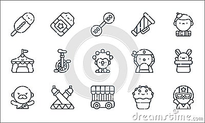 Circus line icons. linear set. quality vector line set such as human, jail, strong, ice cream, stage, circus tent, fortune teller Vector Illustration