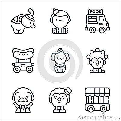 circus line icons. linear set. quality vector line set such as jail, clown, magician, juggling, dog, hot dog, food truck, mime Vector Illustration