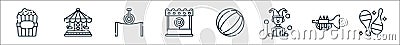 Circus line icons. linear set. quality vector line set such as juggling, trumpet, clown, circus, game, balancing, carousel Vector Illustration