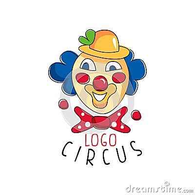 Circus logo, emblem with clown for amusement park, festival, party, creative template of flyear, posters, cover, banner Vector Illustration